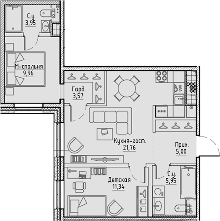 2-комнатная квартира 61.53 м², 9/10 эт., ЖК «LEGENDA Сампсониевский 32»